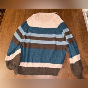 Umgee Blue, Brown, and Cream Striped Sweater